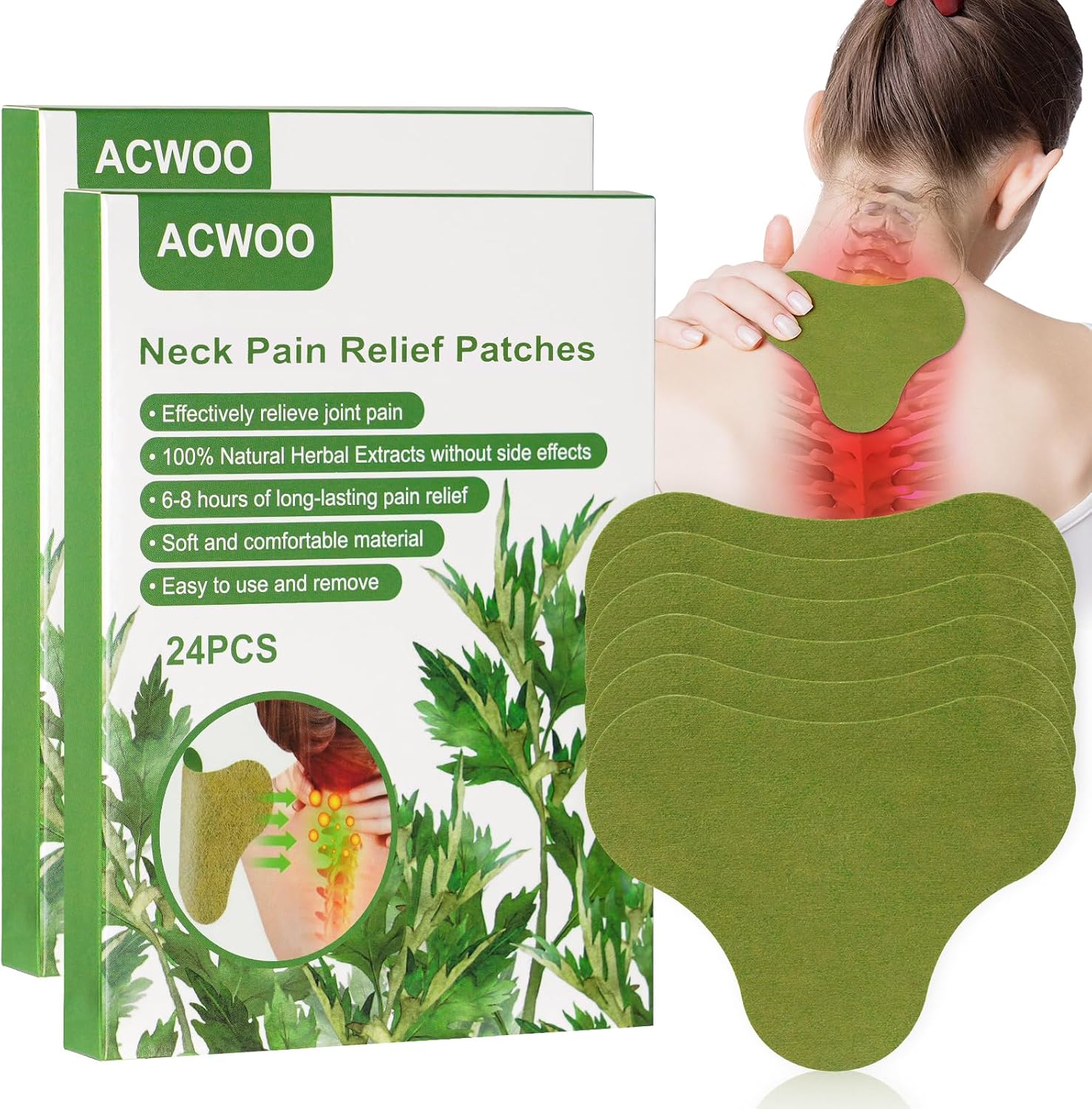 Confezione Amazon ACWOO Neck Pain Relief Patches, cerotti verdi sagomati per il collo