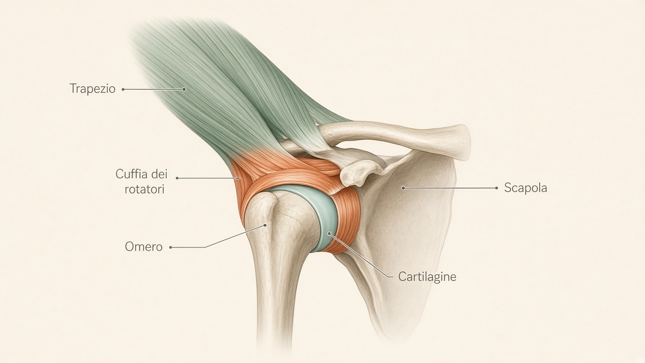 Illustrazione anatomica della spalla: omero, scapola, cartilagine articolare, cuffia dei rotatori e trapezio